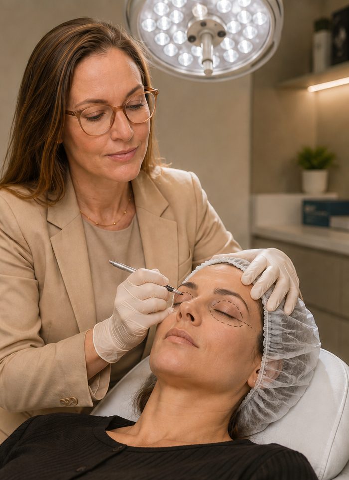 Dra. Kelly realizando marcação para procedimento estético periocular